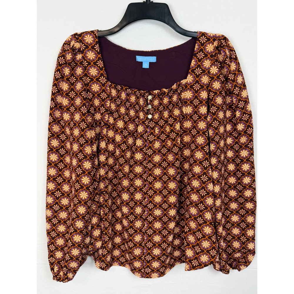 Draper James Womens Blouse XS Brown Floral Square Neck Smocked Long Sleeve
